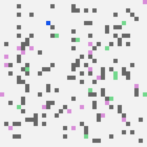 Animation of the agent on a 35 by 35 grid with 12 green food targets and 20 magenta harmful targets. A blue trail shows the agent's recent path as it collects all the green targets while weaving between the magenta ones.